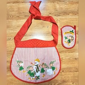 VTG 1980 Christmas Apron w Matching Oven Mitt Elves & Snowman Himself the Elf